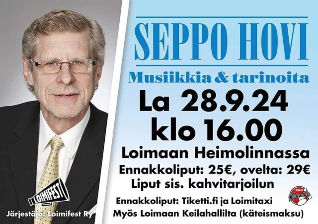 MENOVINKKI › Musiikkia & tarinoita la 28.9. Loimaan Heimolinnassa
Flyygelin ääressä pianovirtuoosi Seppo Hovi kertoo mielenkiintoisia tarinoita, jotka saavat seurakseen niihin liittyvää hyvää musiikkia. 

Lisätiedot👉https://www.facebook.com/events/1381287536600370/

@loimifest.ry